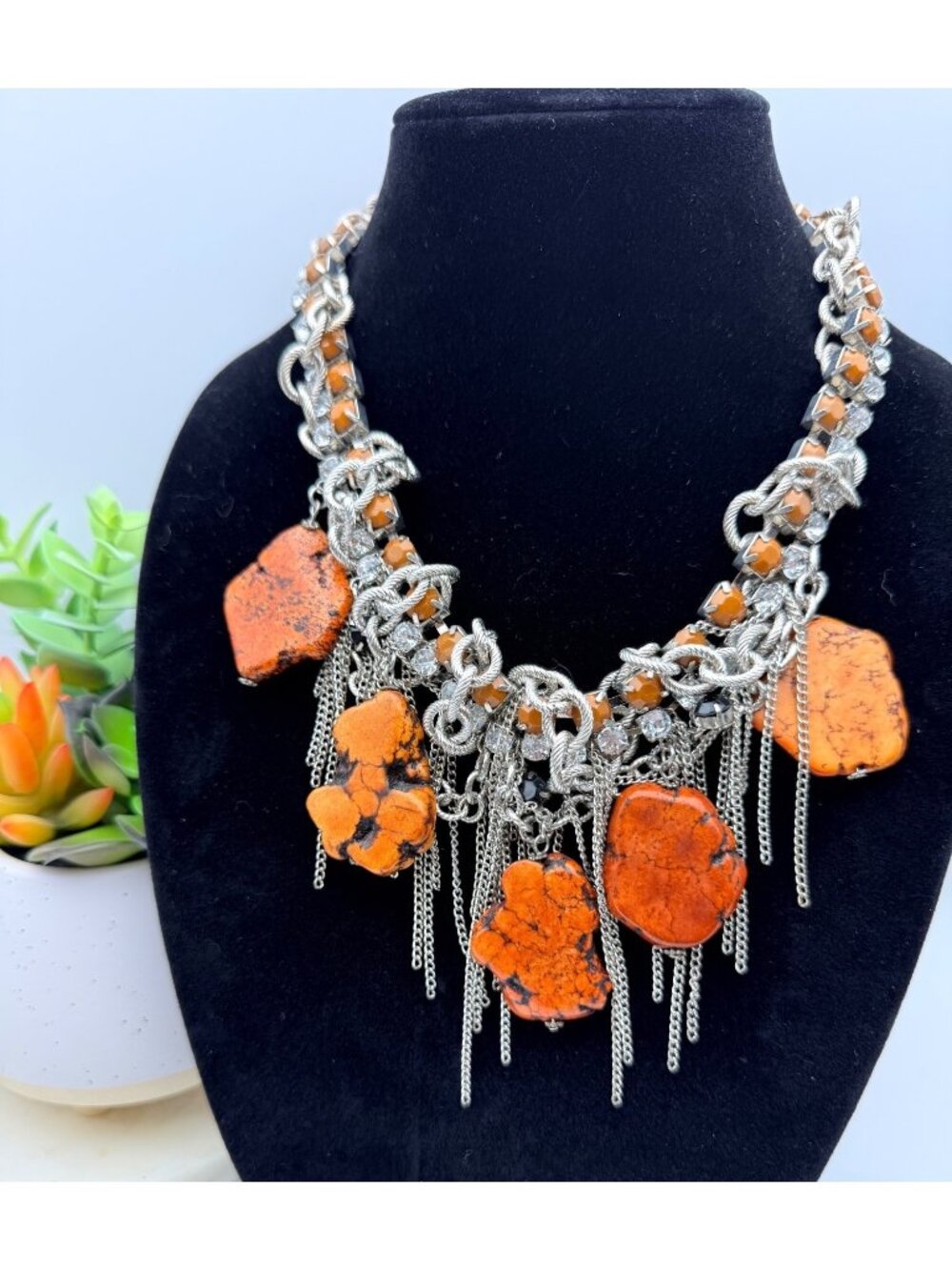 Chunky Statement Necklace Orange Howlite Nuggets Silver Rhinestone Bib Fringe